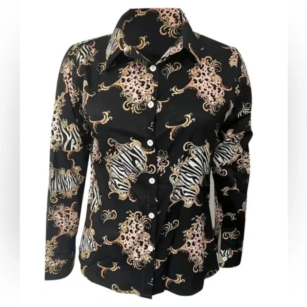 Passion Baroque Plus Size Floral Print Polo Neck Blouse - Picture 2 of 3